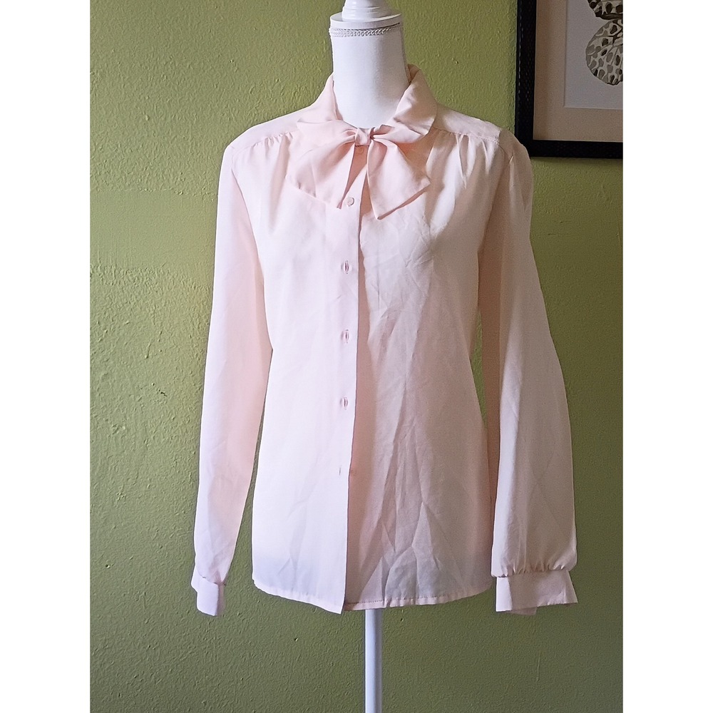 VTG Nikki Parisian Chic Pink Bow Neck Blouse Button Down Top Size 20 USA Made